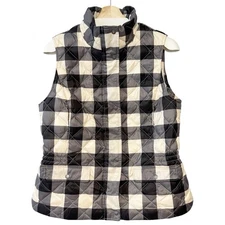 Talbots Womens Vest Black Plaid Ivory Quilted Down Lightweight Puffer Jacket M