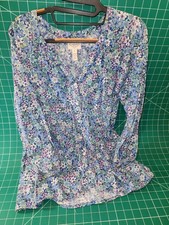 St Johns Bay Top Women's XL BLUE FLORAL Button UP V-Neck