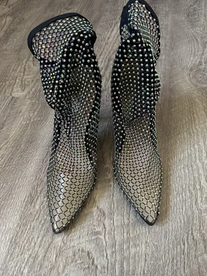 Public Desire Black Crystal Fishnet Mesh Pointed Toe Sock Booties UK 4 - Image 1 of 4