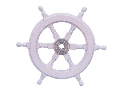 Deluxe Class White Wood and Chrome Ship Decorative Steering Wheel 12''