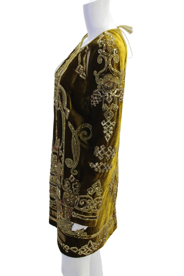 Dundas Womens Velvet Beaded Long Sleeves V Neck Dress Brown Size EUR 40 - Image 2 of 4