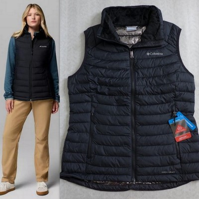 COLUMBIA Women's L White Out Puffer Omni Heat Full Zip Insulated Vest Faux  Fur