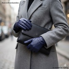 Vintage Preston of York Blue Leather Gloves Size Medium Deep Indigo Knit Lined