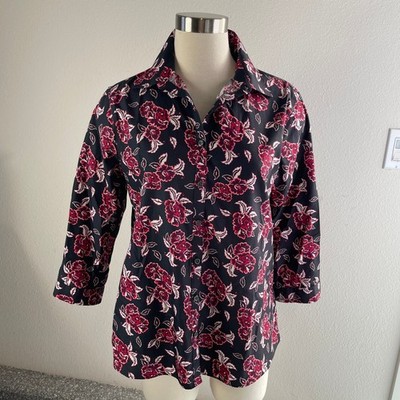 Lands End Womens 10 No Iron Supima Cotton Floral Button Up Shirt Black Red Top