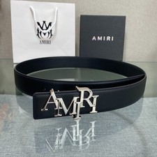AMIRI Black Leather Belt Silver AMIRI Logo Buckle Designer Luxury New