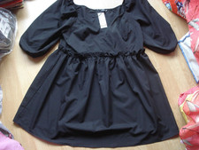 BOOHOO BLACK WOVEN WRAP PUFF SLEEVE SMOCK  COTTON PULLOVER UK 22