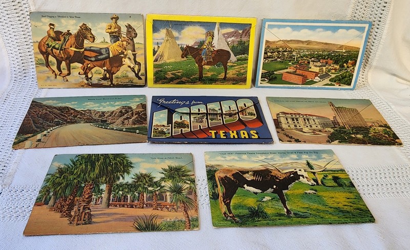 8 Vtg Fold-Out Folders Postcards Linen COWBOYS INDIANS Western Bad Lands TX ID