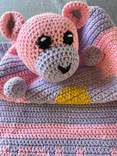 Handmade Crochet Bear  Flower Baby Security Blanket for Girls Pink/Purple