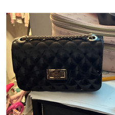 Black Patent Quilted Shoulder Bag with Chain Strap, Turn Lock Gold Hardware