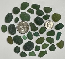 LOVELY NE ENGLAND TEAL GREEN SEA GLASS LOT GENUINE SURF TUMBLED 35 PIECES  110