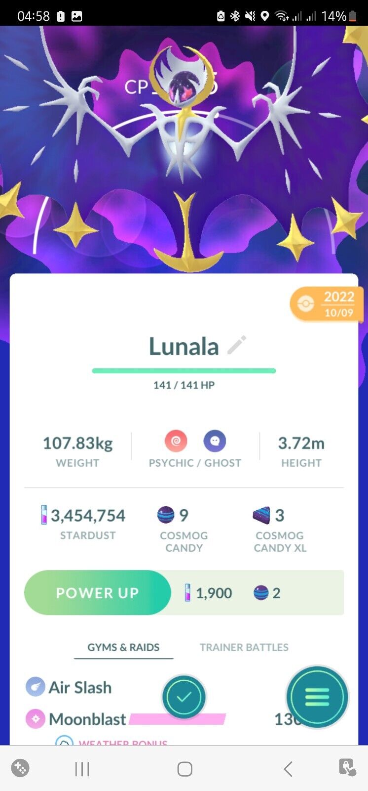 First ever 3400+cp Lunala in pokemon go. 