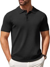 Mens Knit Polo Shirt Short Sleeve Casual Button Down Stretch Golf Top Breathable