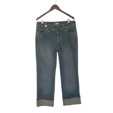 Vintage Faded Glory Straight Leg Denim Jeans Size 12 Button Overlay Folded Hem.