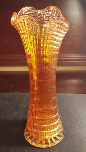 Vintage Imperial Glass Carnival 12" H Ripple Pattern Swung Vase Marigold-4" Base