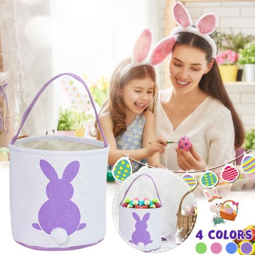 Easter Basket Holiday Rabbit Print Canvas Gift Bag Carrying Eggs Candy Bag