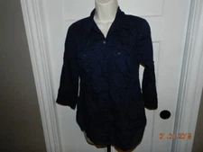 Studio Works Women's Size S Button Down Top 3/4 Sleeves Career blue navy swiss 