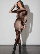 BAE Vintage Portrait Print Mesh Long Sleeve Slim-Fit Bodycon Dress Sz XS S M L