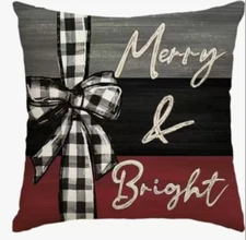 MERRY & BRIGHT Christmas Linen Throw Pillow Cover 18x18 Winter Holiday Decor
