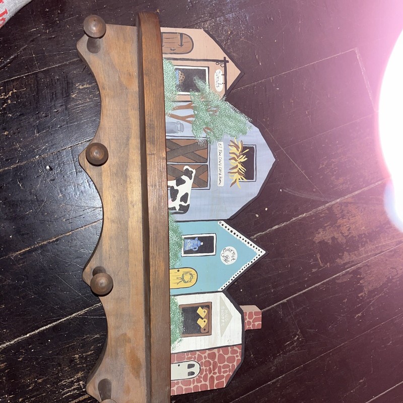 Wooden Wall Shelf With Farm Buildings And 4 Pegs 16.5”x8”wide