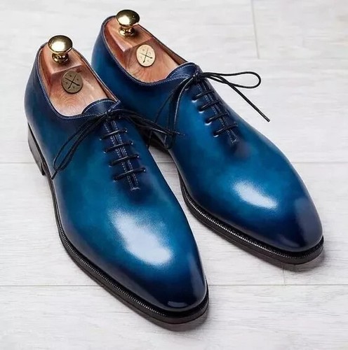 Buy Handmade Genuine Blue Leather Shoes Lace-up Oxford Dress Derby Brogue Shoes