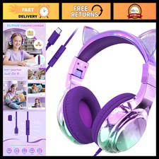 Kids Cat Ear Wired Headphones with Mic, USB C, Volume Limit 85/94dB, Fun Design