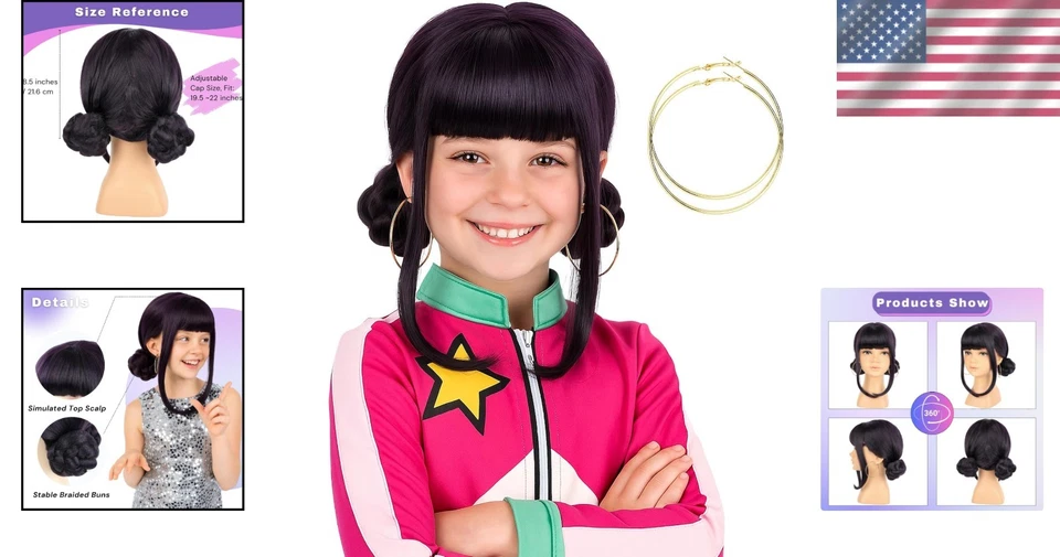 Peruca KPop caçadora de demônios Zoey tamanho infantil roxa com franjas e 2 pães fantasia de Halloween - Imagem 2 de 4