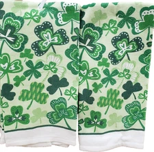 Set of 2 Same Printed Kitchen Towels(15"x25") SHAMROCK GREEN LEAVES ON GREEN, MI