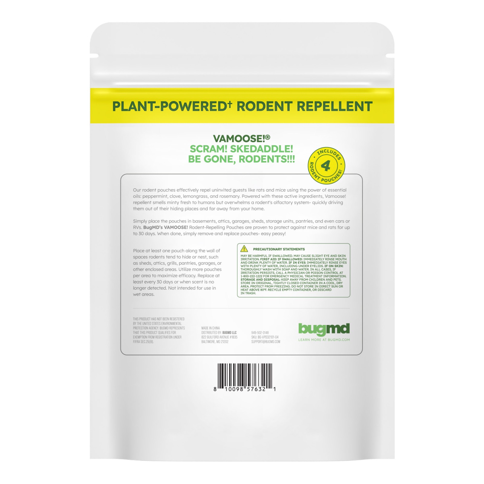 BugMD Vamoose Plus Rodent Repellent Pouches 8 Pack NEW Indoor/Outdoor
