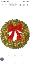 Pre-Lit Artificial For Christmas Wreath w/ Red Bow, LED Lights