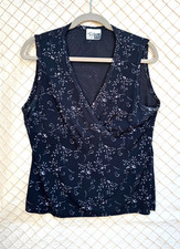 Tops Plus Women's Size L Black Print V-Neck Sleeveless Blouse