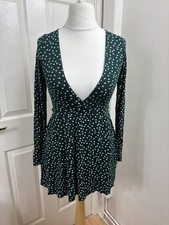 PrettyLittleThing Green Polka Dot Plunge Mini Dress (UK 4)