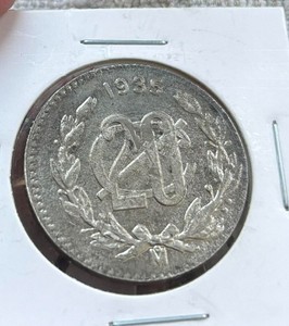 1935 MEXICO 20 CENTAVOS MONOGRAM metal white RARE