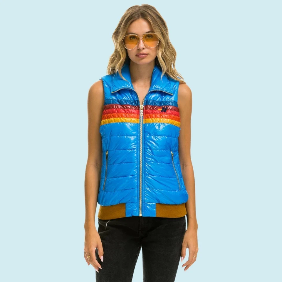 Aviator Nation 5-Stripe Vest Women's Large Glossy Blue Full Zip Sunburst $398 - Image 2 of 4