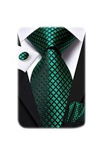 Mens Plaid Ties Classic Paisley Necktie with Handkerchief Emerald Green