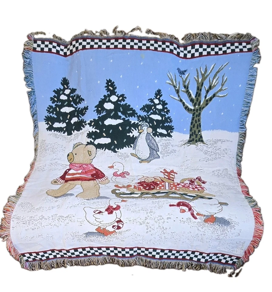 VTG Tapestry Throw Blanket Cabin Fireplace Teddy Bear & Friend w/Sleigh, Fringe - Image 2 of 4