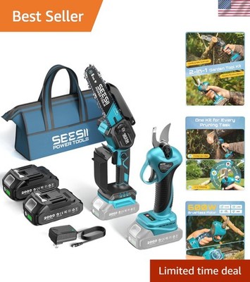 800W Brushless Mini Chainsaw & Electric Pruners with Fast Charger, 2 Batteries
