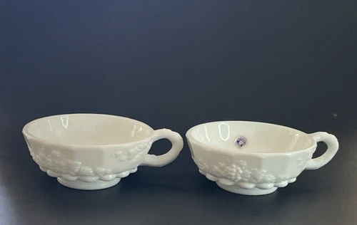 Vintage Westmoreland Set of 2 Grape Paneled Milk Glass Soup Mugs Handled