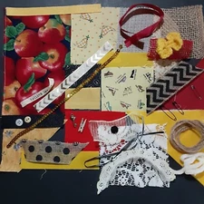 Slow Stitch Kit Junk Journal Red Yellow Fabric Lace Ribbon Embellishment 40 H
