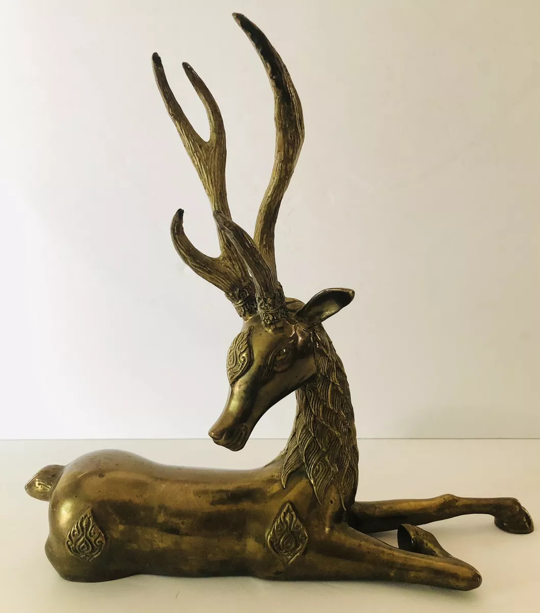 Vintage Large Solid Brass Reindeer Buck Laying Down Ornate Detail