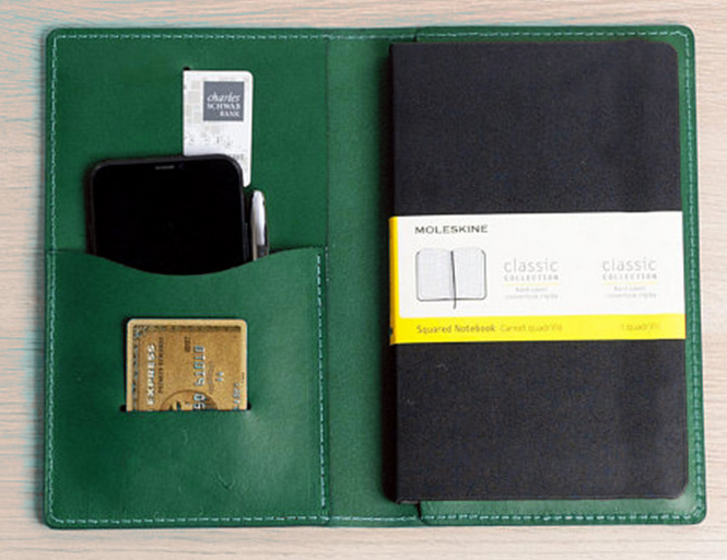 Green Cow Leather Notebook Cover with Slipcase for Phone & Cards H298-image