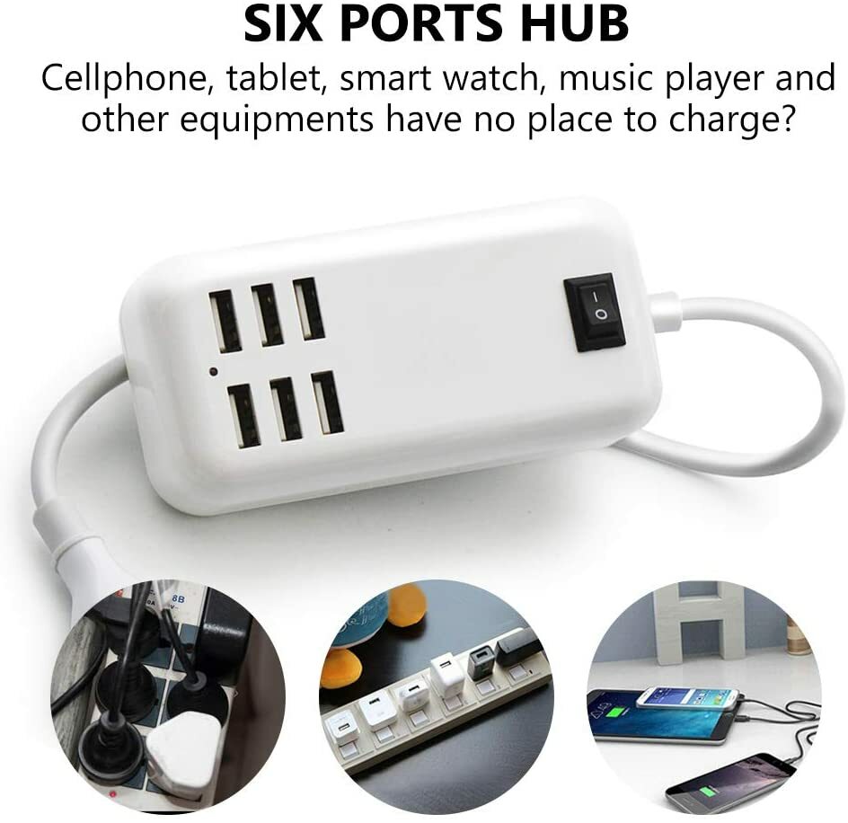 6-Port USB Wall Charger with 6A Fast Charging for Travel and Desktops
