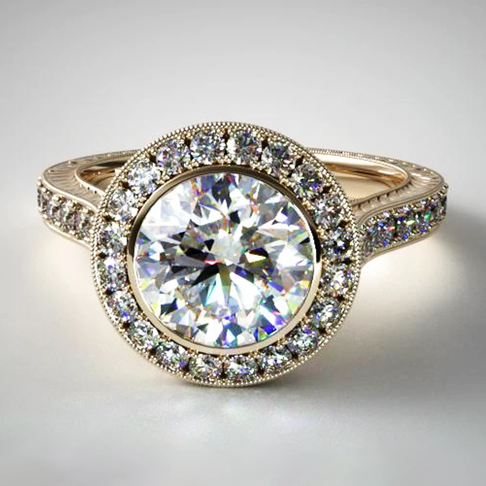 VETEMENTS Anello di fidanzamento con lunetta unica moissanite taglio rotondo 2 89 TCW placcato oro giallo 14k