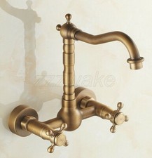 Antique Brass Bathroom Kitchen Dual Cross Handles Sink Faucet Wall Mount Znf257