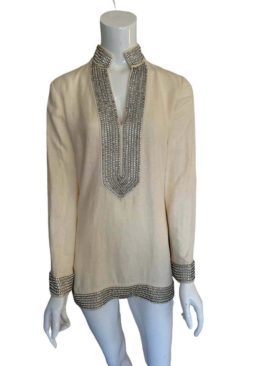 TORY BURCH Ivory Linen Tunic Top Crystal Rhinestone TORY BURCH Ivory Linen Tunic Top Crystal Rhinestone