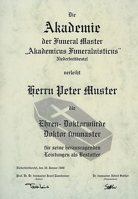Diplom Urkunde Ehren Doktor Titel Funeral Master Bestattung bestatten Bestatter