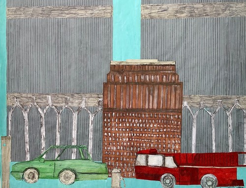 Original Folk Art Painting Twin Towers Collage 24" x 40" - Picture 7 of 10