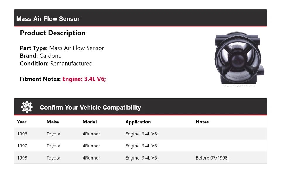 For 1996-1998 Toyota 4Runner 3.4L V6 Mass Air Flow Sensor Cardone 1997 - Image 2 of 4