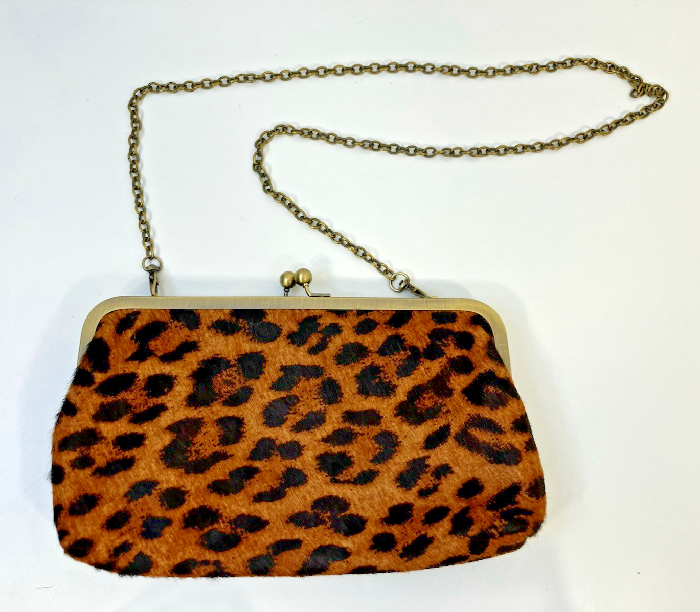 Patricia Nash Leather / Fur Leopard Print Kiss Lock Purse Bag Chain