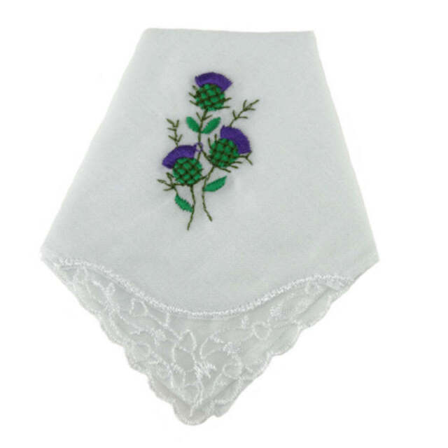 100% White Cotton Ladies Handkerchief with Scottish Thistle Embroidery