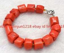 Natural 12-14mm Orange Sea Coral Gemstone Beads Bracelet Bangle 7.5'' AAA
